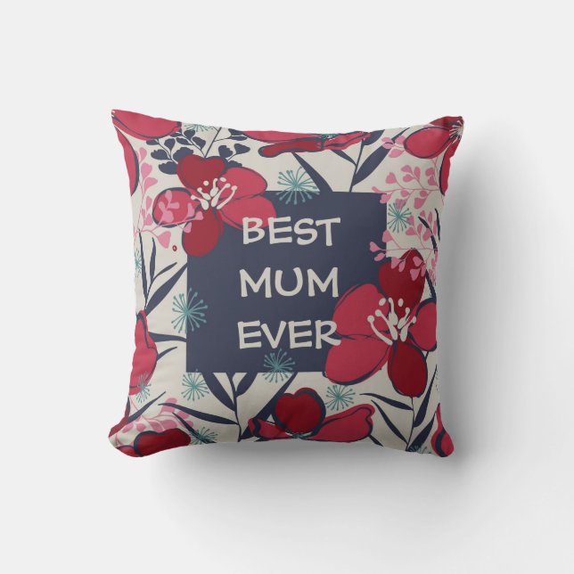 Coussin Meilleure maman jamais fleurie rouge et bleu (Recto)
