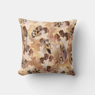 Coussin Mélange exotique Tons Brown Plumes d'oiseaux Impri