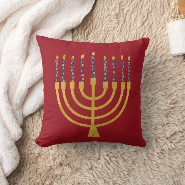 Coussin Menorah Festive Hanoukka Bougies Bleues Dessin Rou (Couverture)