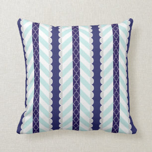 Coussin Menthe, bleu marine, motif rayé géométrique bla