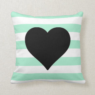 Coussin Menthe et carreau noir rayé blanc de coeur