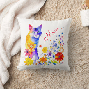 Coussin Meow   Aquarelle Chat et Fleurs