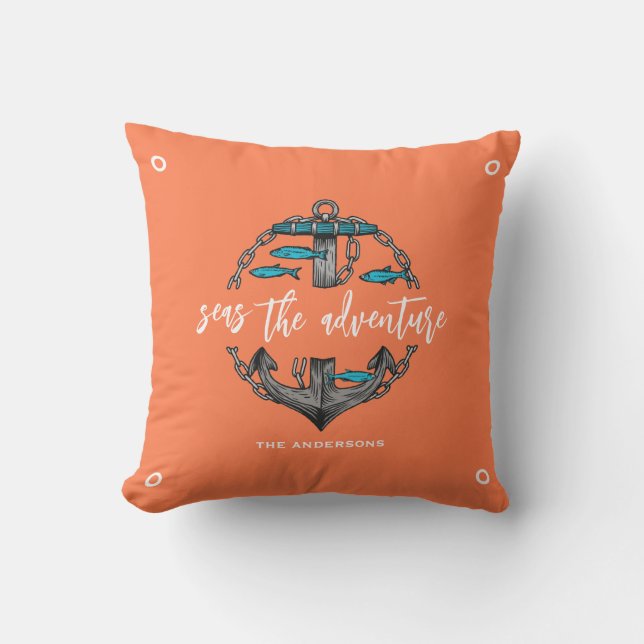 Coussin Mer nautique l'aventure Citation Ancre Coral (Recto)