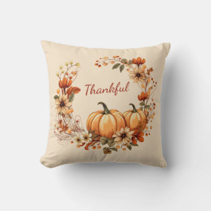 Coussin Merci Citrouille et fleurs d'automne Wreath