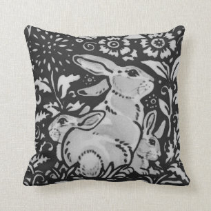 Coussin Mère et bébé lapin blanc gris foncé Chinoiserie