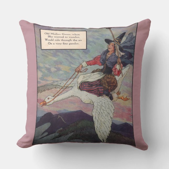 Coussin Mère Oie des années 1920 chevauchant sa gigantesqu (Recto)