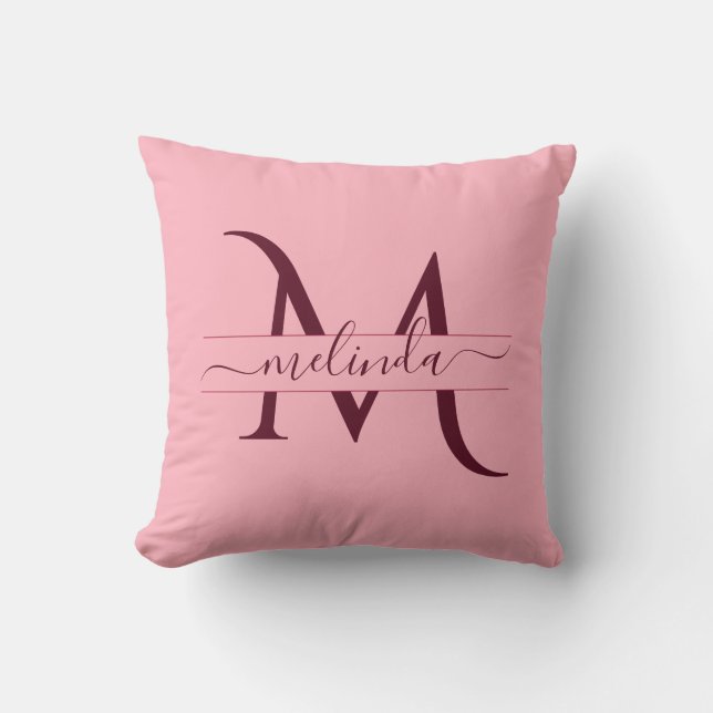 Coussin Merlot tendance Bourgogne rose Monogramme féminin (Recto)