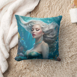 Coussin Mermaid cheveux en argent Turquoise Océan