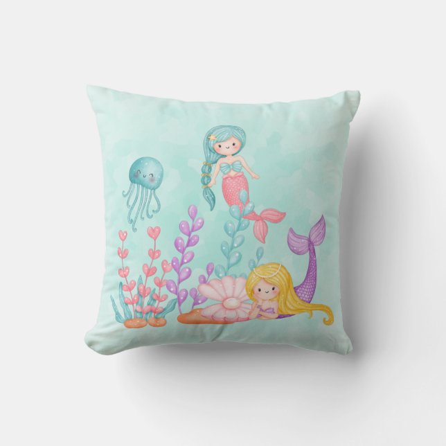Coussin Mermaids et méduses sous l'aquarelle marine (Recto)