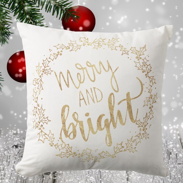 Coussin Merry & Bright - Blanc & Or - Noël (Merry & Bright - White & Gold - Christmas Throw Pillow)
