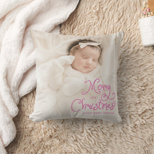 Coussin Merry Christmas Baby Photo Pink (Couverture)