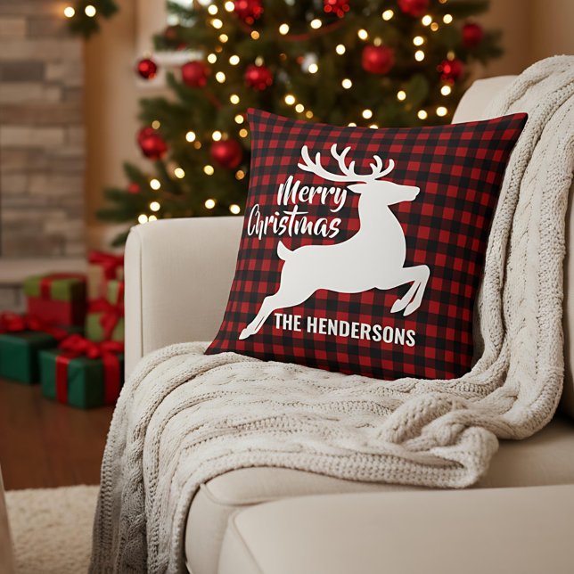 Coussin Merry Christmas Deer Red & Black Plaid Custom Name (Créateur téléchargé)