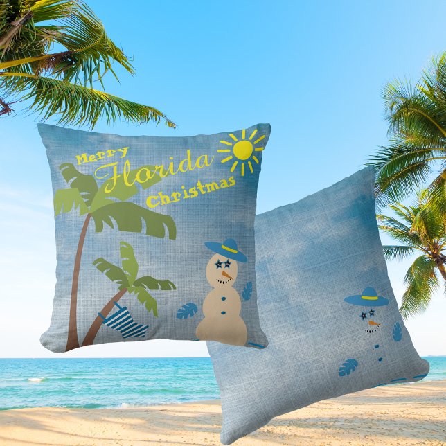 Coussin Merry Tropical Floride Snowman de Noël sur la plag (Créateur téléchargé)