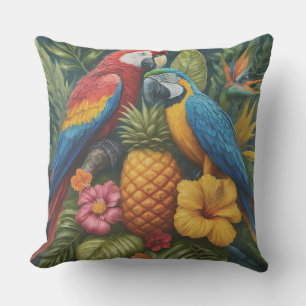 Coussin Merveilleux perroquet tropical à l'ananas et fleur