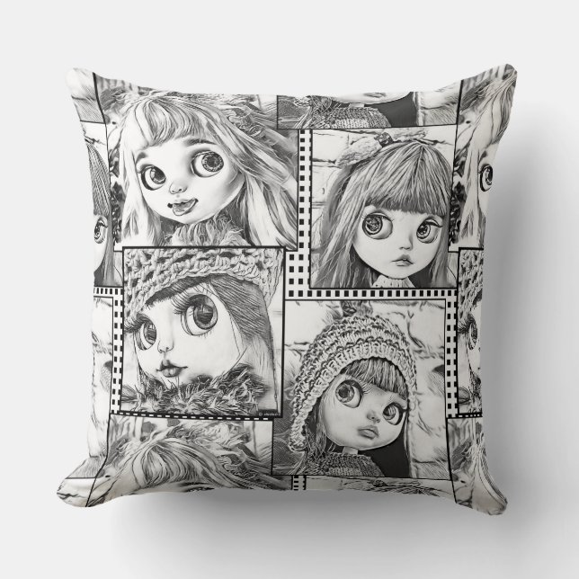 Coussin Mes poupées patchwork noires et blanches préférées (Recto)