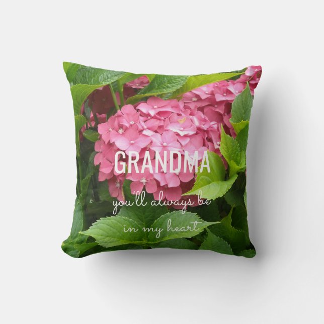 Coussin Message de grand-mère avec des hortensias roses (Recto)
