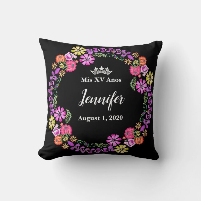 Coussin mexicain de broderie Mis XV Recuerdo 16" (Recto)