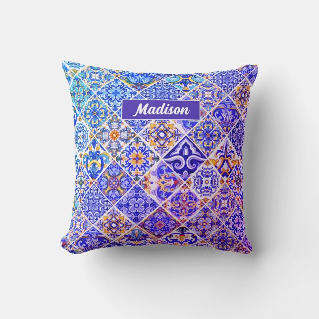 Coussin Mexicaine Sicilienne Méditerranée pourpre carreaux (Recto)