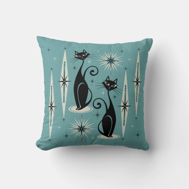 Coussin Mi-siècle Meow en bleu (Recto)