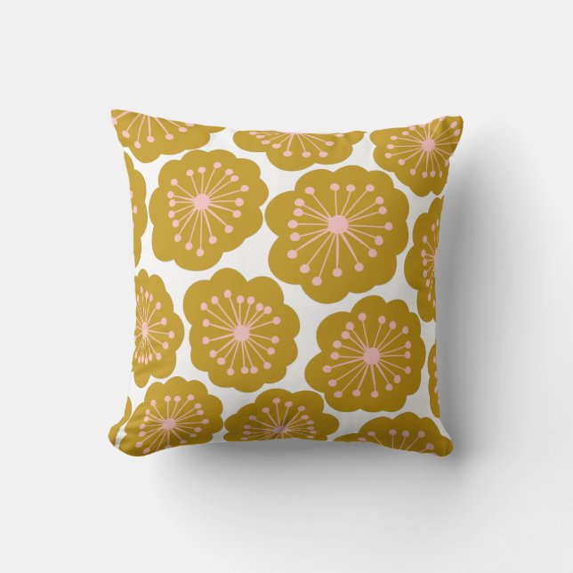 Coussin Mi-siècle Moderne Fleur Motif Mustard (Recto)