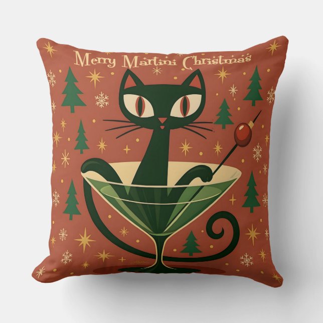 Coussin Mid Century Black Cat Merry Martini Christmas (Recto)