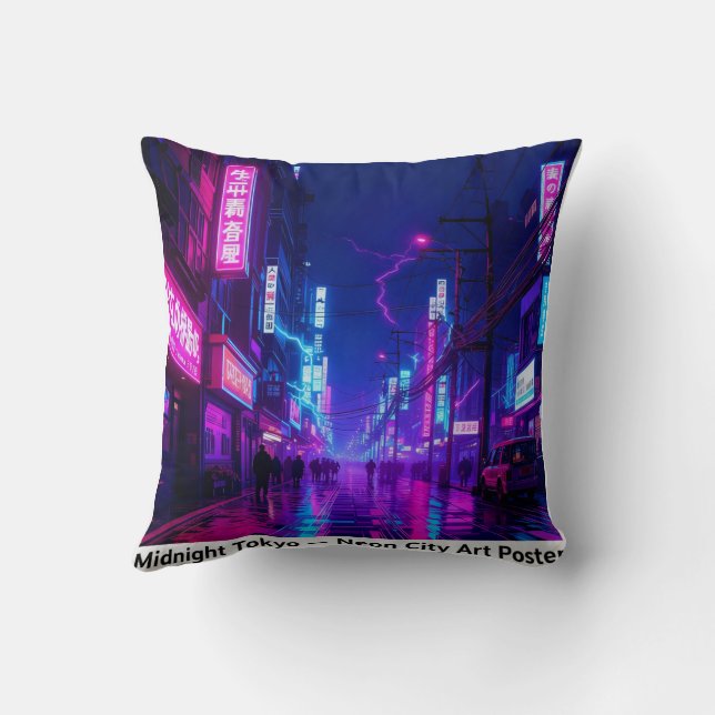 Coussin Midnight Tokyo — Neon Cyberpunk Throw Pillow (Verso)