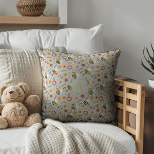 Coussin Mignon abeille de dessin animé fleur jaune monogra