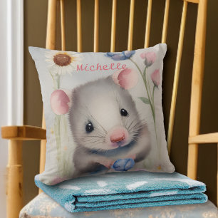 Coussin Mignon bébé souris pastel aquarelle fleurs de prin