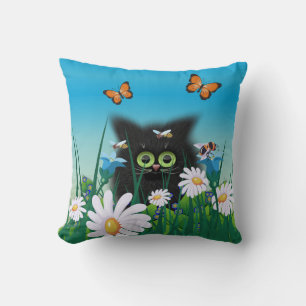 Coussin Mignon Chat Noir Fluffy et Art de Pâquerettes