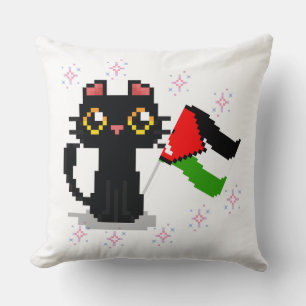 Coussin mignon chat noir tient drapeau de la Palestine