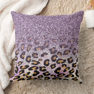 Coussin Mignon fille tendance violet faux paillettes léopa