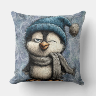 Coussin Mignon manchot bleu d'hiver avec chapeau et écharp
