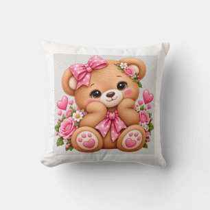 Coussin Mignon ours en peluche avec noeud papillon rose et