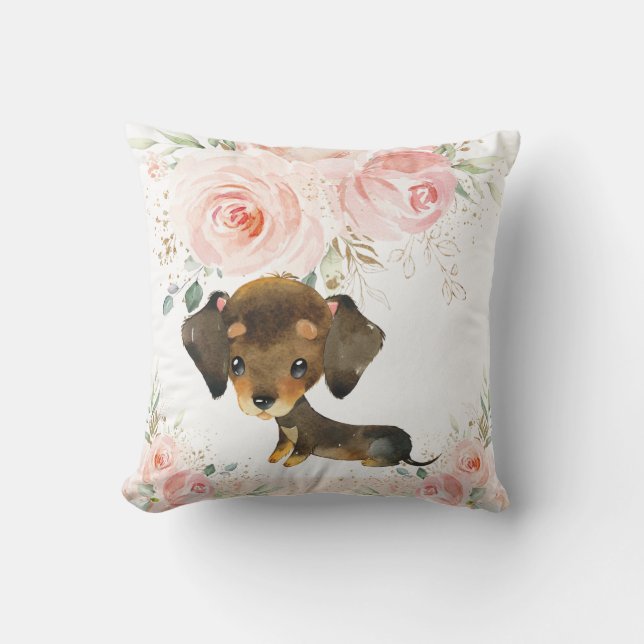 Coussin Mignonne Adorable Dachshund Dog Blush Rose Floral  (Recto)