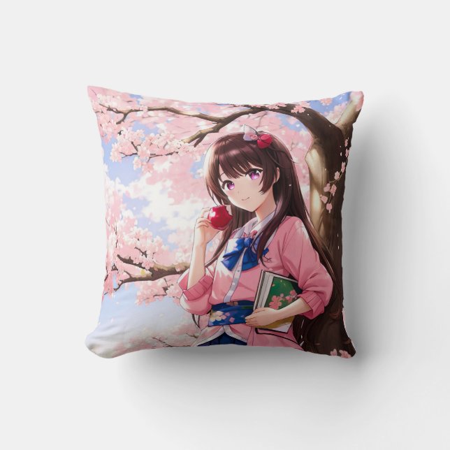 Coussin Mignonne Anime Girl Sous Un Arbre En Fleur De Ceri (Recto)