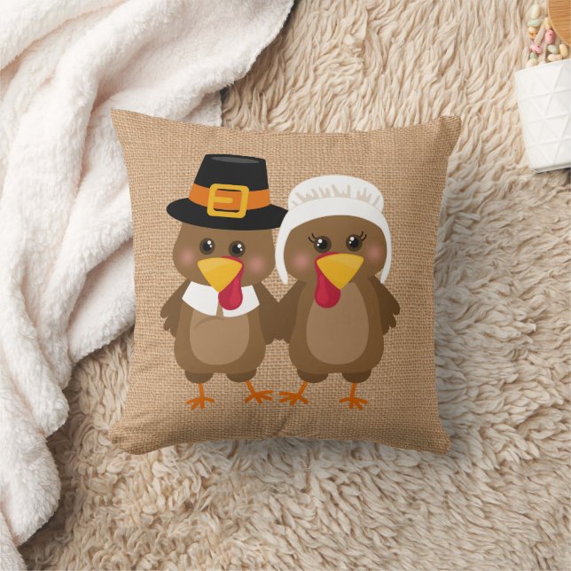 Coussin Mignonne fausse burlap Thanksgiving Dinde de fête (Couverture)