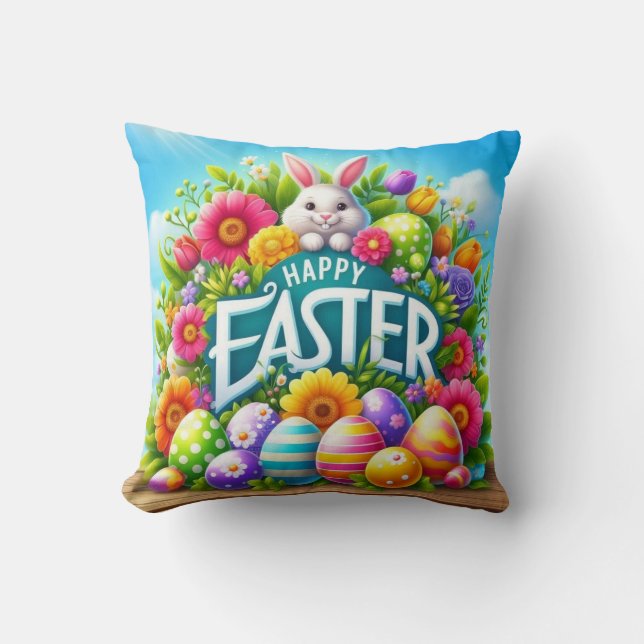 Coussin Mignonne lapin de printemps/Pâques avec oeuf (Recto)