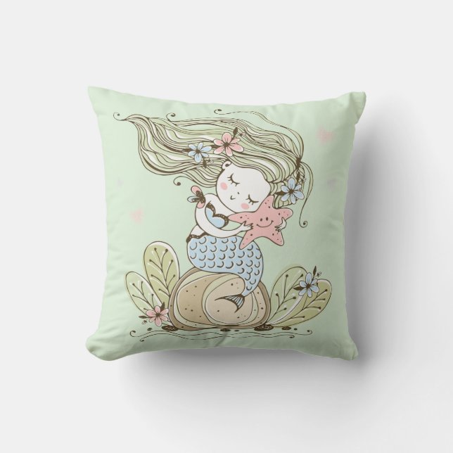 Coussin Mignonne Sirène Et Aquarelle De Starfish Fille (Recto)