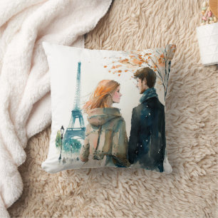 Coussin Mignons couples romantiques à l'aquarelle à Paris 