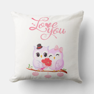 Coussin Mignons hiboux roses couple Saint-Valentin cœur