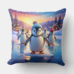 Coussin Mignons manchots en chapeaux d'hiver sur glace gel