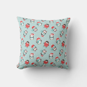 Coussin Mignons pingouins de Noël sur bleu clair
