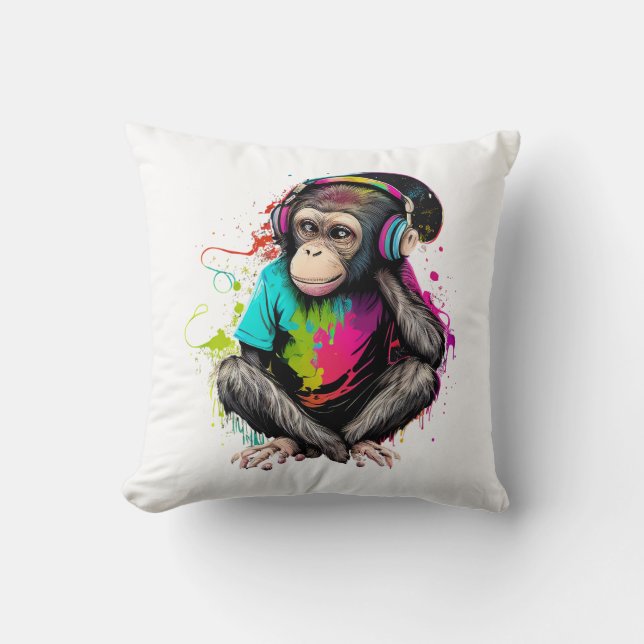 Coussin Mignons Singe Écouter Musique, Musique Singe Obséd (Recto)