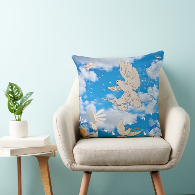 Coussin Mikitiez blanc oiseau bleu ciel été plage liberté (Chaise)