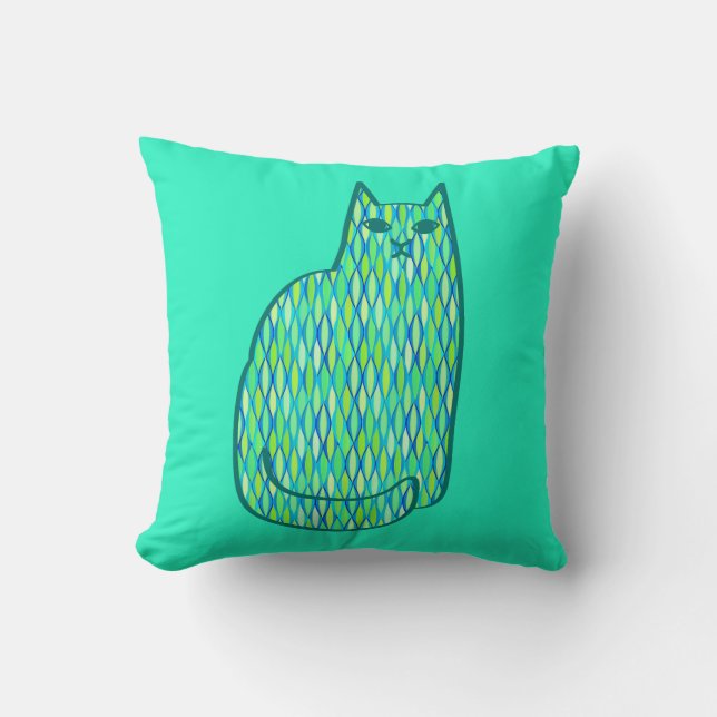Coussin Milieu du siècle moderne Chat, Mint et Lime Vert (Recto)