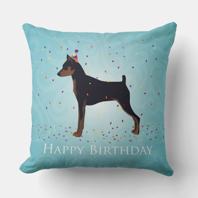 Coussin Miniature Pinscher Joyeux Design d'anniversaire (Recto)