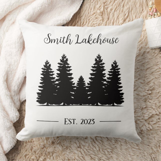 Coussin Minimal Black White Pine Trees Custom Lake House  (Couverture)