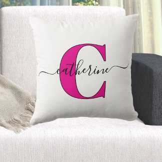 Coussin Minimaliste Monogramme de nom en rose blanc Script