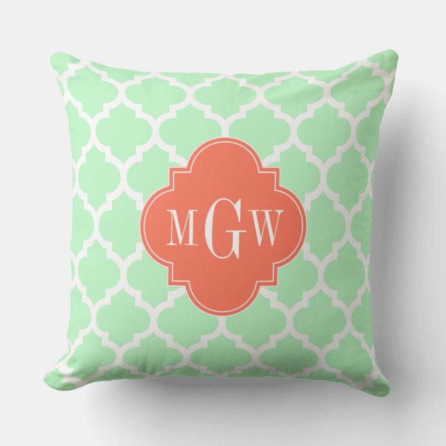 Coussin Mint Blanc Marocain #5 Corail 3 Monogramme initial (Recto)