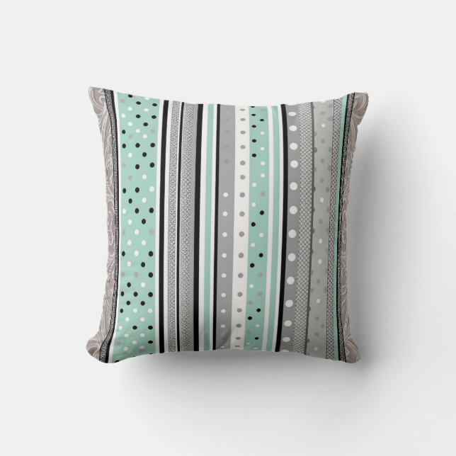 Coussin Mint Green Grey and White Striped Polka dot  (Recto)
